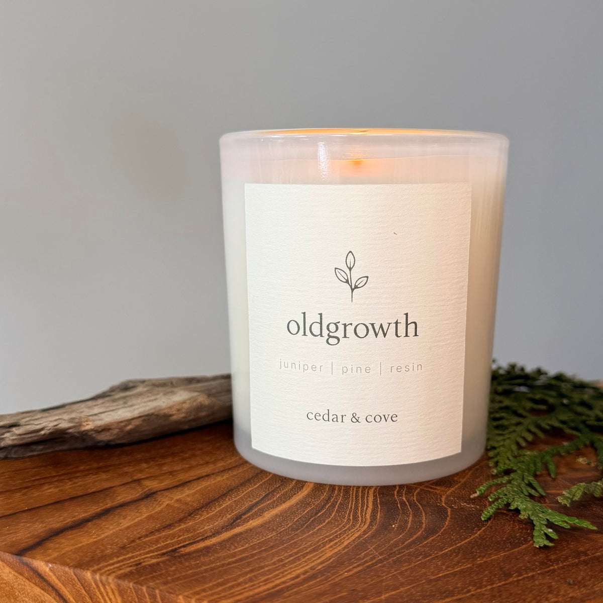 A lit scented candle by Cedar & Cove in a frosted glass jar sits on a wooden surface with a neutral gray background, a piece of driftwood, and green foliage. The label reads 'oldgrowth' with juniper, pine, and resin scent notes. 